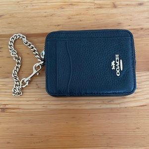 Black Coach Zip Card Coin Case ID Holder Chain Strap Wallet